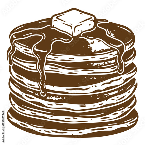 Vintage Grunge texture Brown syrup drizzled pancakes stacked high with melting butter on top isolated on white background