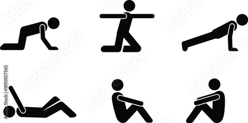Black stick figure silhouette set featuring various exercise poses including pushups, yoga stretches, core workouts, and sitting positions for fitness icons.