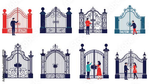 Ornate wrought iron gate designs showing people interacting with entrance doors and decorative metal fences for architectural projects.