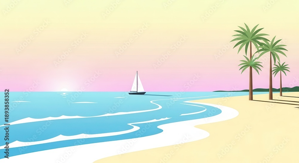Naklejka premium Serene coastal landscape depicts a sailboat gliding across calm ocean waters near a sandy shore with palm trees.