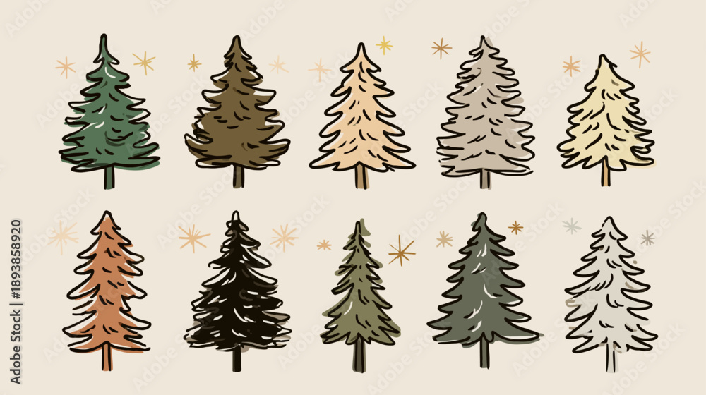 Obraz premium Hand-Drawn Rustic Evergreen Trees Illustration Set. Whimsical Boho Pine Forest Elements for Winter Holidays and Nature Designs