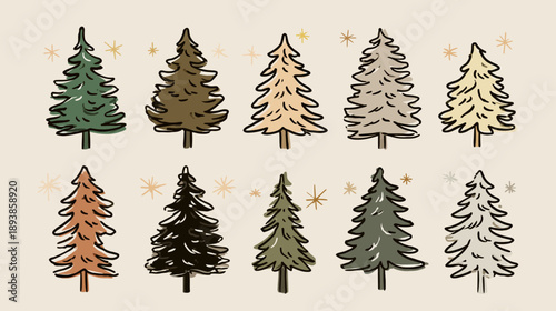 Hand-Drawn Rustic Evergreen Trees Illustration Set. Whimsical Boho Pine Forest Elements for Winter Holidays and Nature Designs
