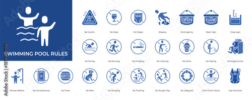 Swimming Pool Rules Icon set Collection in Glyph Two Color Style. swimming, pool, rules, safety, warning, instruction