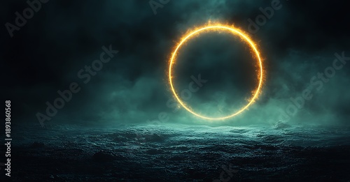 Glowing orange ring in a dark, misty, textured environment abstract ancient
