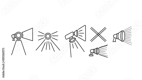 Studio lights and lamp icons set.