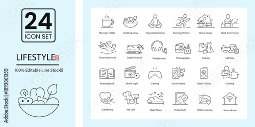 Lifestyle line editable set stock icon set. Work from Home, Living, Yoga, Meditation, Healthy Eating, Shopping, Fashion, Music, Headphones, Pet Care, Travel Adventure