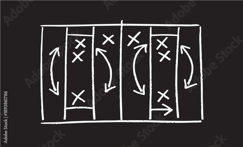 A chalkboard diagram drawn in white chalk
showing a basketball court strategy.