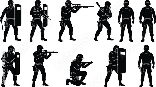 Black silhouette set of police SWAT team and riot control officers in various protective gear and action poses, holding weapons and shields, prepared for duty.