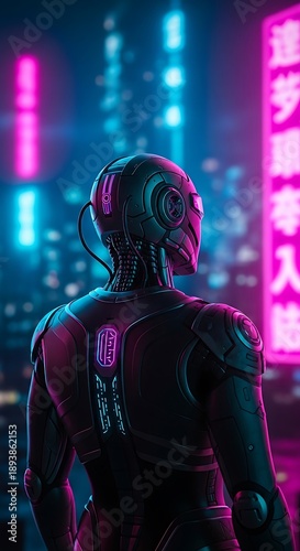 Wallpaper Mural Cybernetic Gaze - A Robots Contemplation in a Neon-Lit Metropolis. Torontodigital.ca