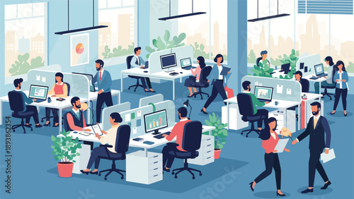 Busy modern open plan office space filled with professional employees working at their desks and interacting with colleagues throughout the day.