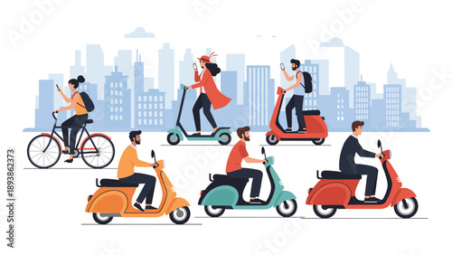 Diverse group of city dwellers utilizing various eco friendly transportation methods like bicycles and electric scooters on urban streets.