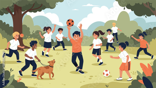 Happy children play together with sports balls and a friendly dog in a vibrant green park during their school break or summer vacation.