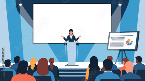 Confident professional woman delivers an important keynote speech or presentation to a large audience in a formal conference hall.