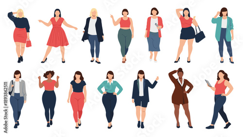 Large group of diverse women standing together wearing various stylish outfits to represent body positivity and female empowerment.