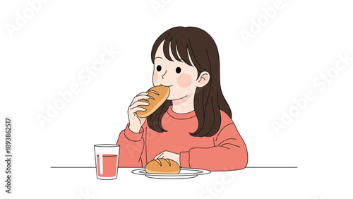 Young girl enjoys a simple and healthy breakfast by eating fresh bread and drinking a glass of juice at a clean white table.