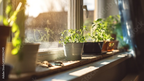 Potted plants being moved to a sunny windowsill with warm morning light. lifestyle magazines, social media lookbooks, designed for influencer and brand collaborations.