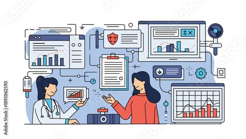 Female doctor discussing digital health records and medical analytics with patient in modern clinic environment.