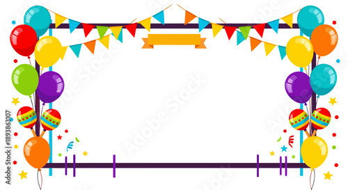 Vibrant colorful celebration party frame border with balloons, bunting, and confetti; a playful vector illustration for events