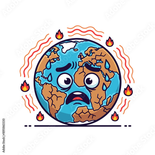 Scared Cartoon Earth Sweating and on Fire Due to Global Warming