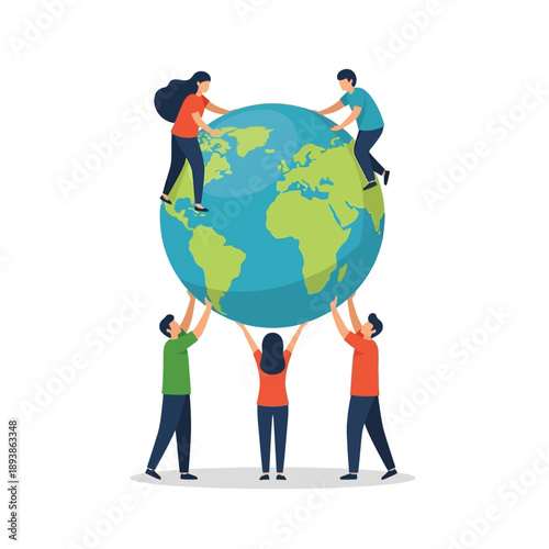 Diverse group of people holding the planet earth together, teamwork, unity, global cooperation