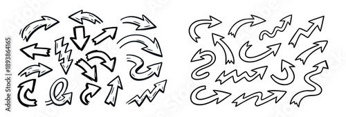 Set of hand-drawn black doodle arrows on white background. Hand-sketched arrow icons in various shapes and styles for design elements.