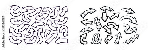 A comprehensive collection of hand-drawn doodle arrows in various styles and shapes, perfect for creative projects and presentations.