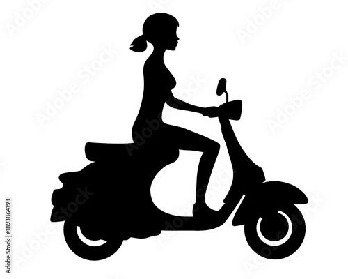 silhouette of a woman riding a scooter, vector illustration, icon isolated on white background
