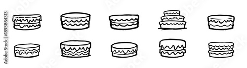 A set of hand-drawn cake illustrations in a black and white sketchy doodle style, featuring layered and tiered designs for bakery or party themes.