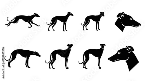 Black silhouettes of greyhound dogs.