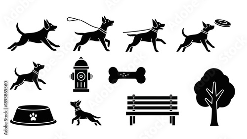 Black silhouette dog icons running playing.