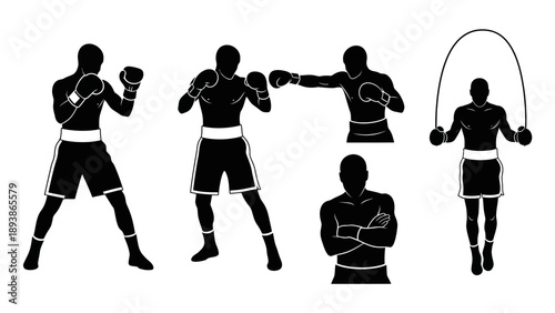 Boxers in various fighting poses silhouette.