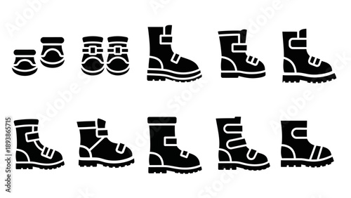 Collection of various hiking boots shoes.