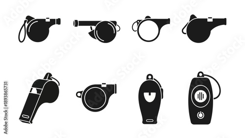 Collection of various referee whistles.