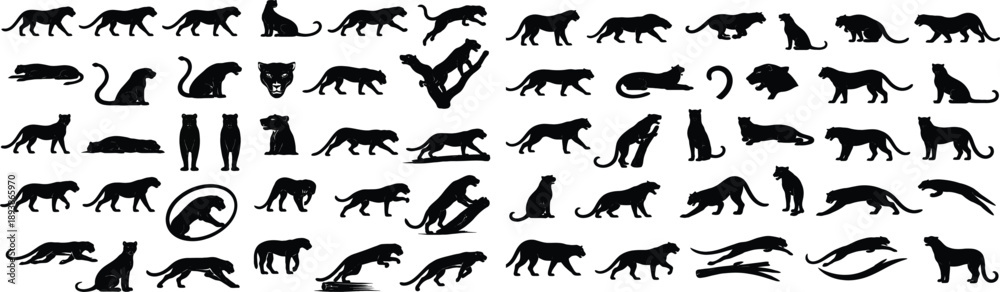 Obraz premium A solid black silhouette EPS illustration set featuring 30 unique leopard icons. All designs are generic, clean, and stock-safe, suitable for wildlife, nature, safari, animal conservation, branding, e