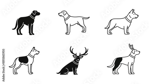 Dogs and one deer standing still.