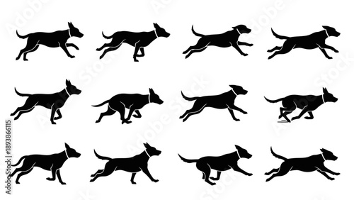 Multiple black dog silhouettes running together.