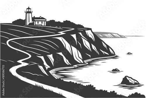 Vector silhouette landscape of coastal cliffs overlooking the sea, flat vector design, solid black silhouette, simple shapes, high contrast, no gradient, isolated on white background