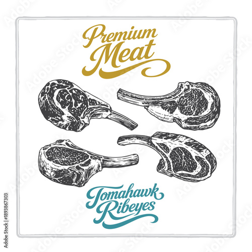 Hand drawn tomahawk ribeye steak set in vintage engraving style with premium meat lettering. Beef cuts shown from different angles. Perfect for butcher branding, labels, menus, posters, and packaging.