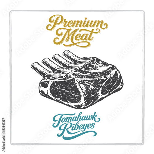 Hand drawn tomahawk ribeye steak illustration in vintage engraving style with premium meat lettering. Single beef cut with bone. Perfect for butcher branding, labels, menus, posters, and packaging.