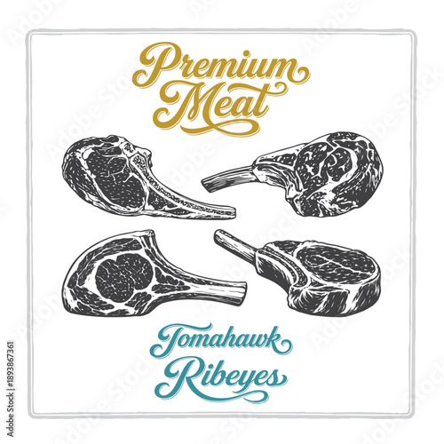 Hand drawn tomahawk ribeye steak set in vintage engraving style with premium meat lettering. Beef cuts shown from different angles. Perfect for butcher branding, labels, menus, posters, and packaging.