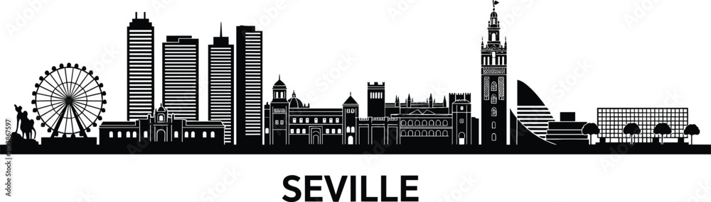 Fototapeta premium Detailed Seville city skyline silhouette with Giralda tower and Torre Sevilla for Spain travel and urban branding vector