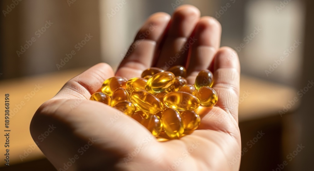 Fototapeta premium Hand holding a collection of translucent amber gel capsules in bright light