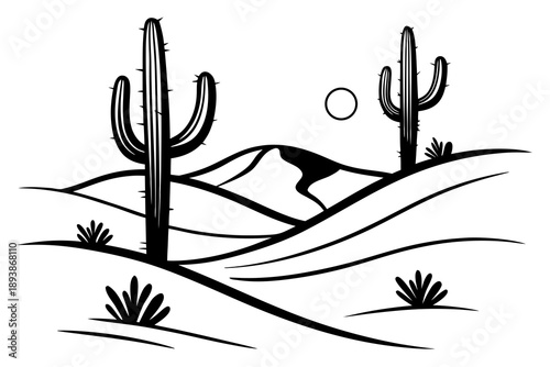 Vector silhouette landscape of desert with cactus and dunes, minimalist vector design, solid black shapes, clean edges, no texture, isolated on white background