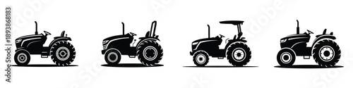 Tractor Silhouette Vector Set – Agricultural Machinery Illustration, Modern Farm Equipment Icons, Farming Technology, Rural Agriculture and Cultivation Vehicle Design for Agribusiness and Harvest Indu