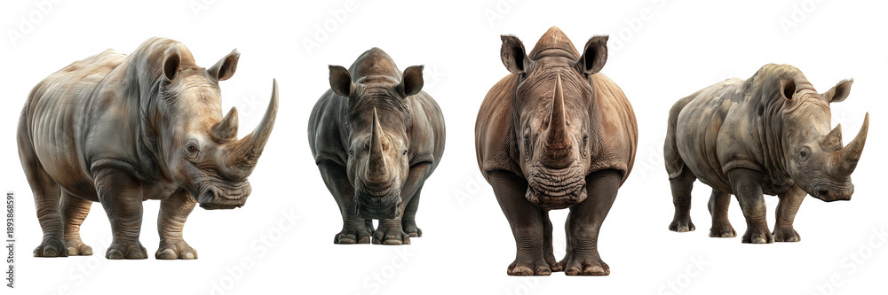 Fototapeta premium Four rhinoceroses in profile and front view isolated on a transparent background