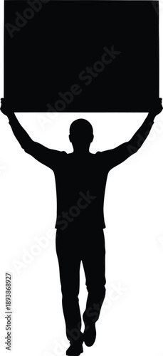 Silhouette of a man holding up a blank sign or banner with both hands