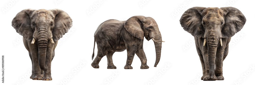 Fototapeta premium Three African elephants in front side and front views isolated on a transparent background