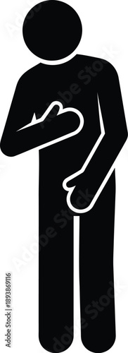 Stick figure holding chest showing pain or discomfort in heart area, feeling sick or having heart attack symptom icon
