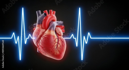 Anatomical heart model with heartbeat line on dark background  