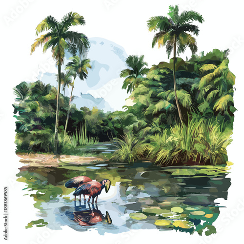 Cuyabeno Wildlife Reserve. Cuyabeno Wildlife Reserve hand drawn watercolor illustration